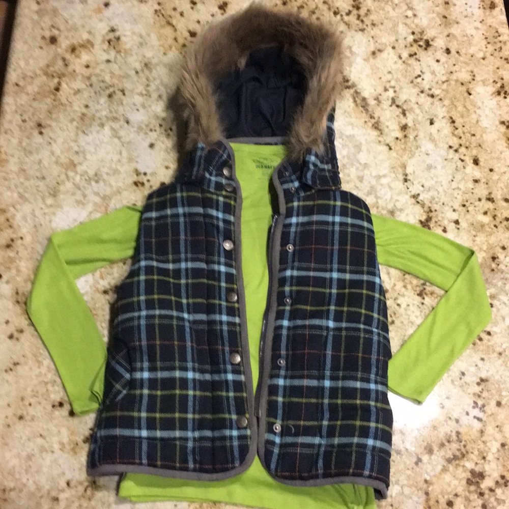 Boutique plaid fur hood vest and lime L/S shirt S